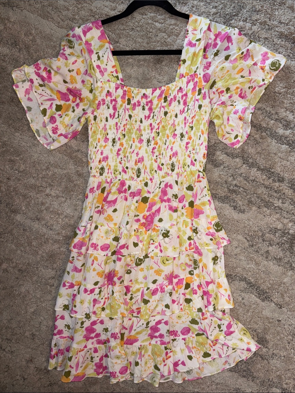 OFFERS OPEN! Chelsea & Violet Pink Green Yellow Floral Smocked Tiered Dress sz S